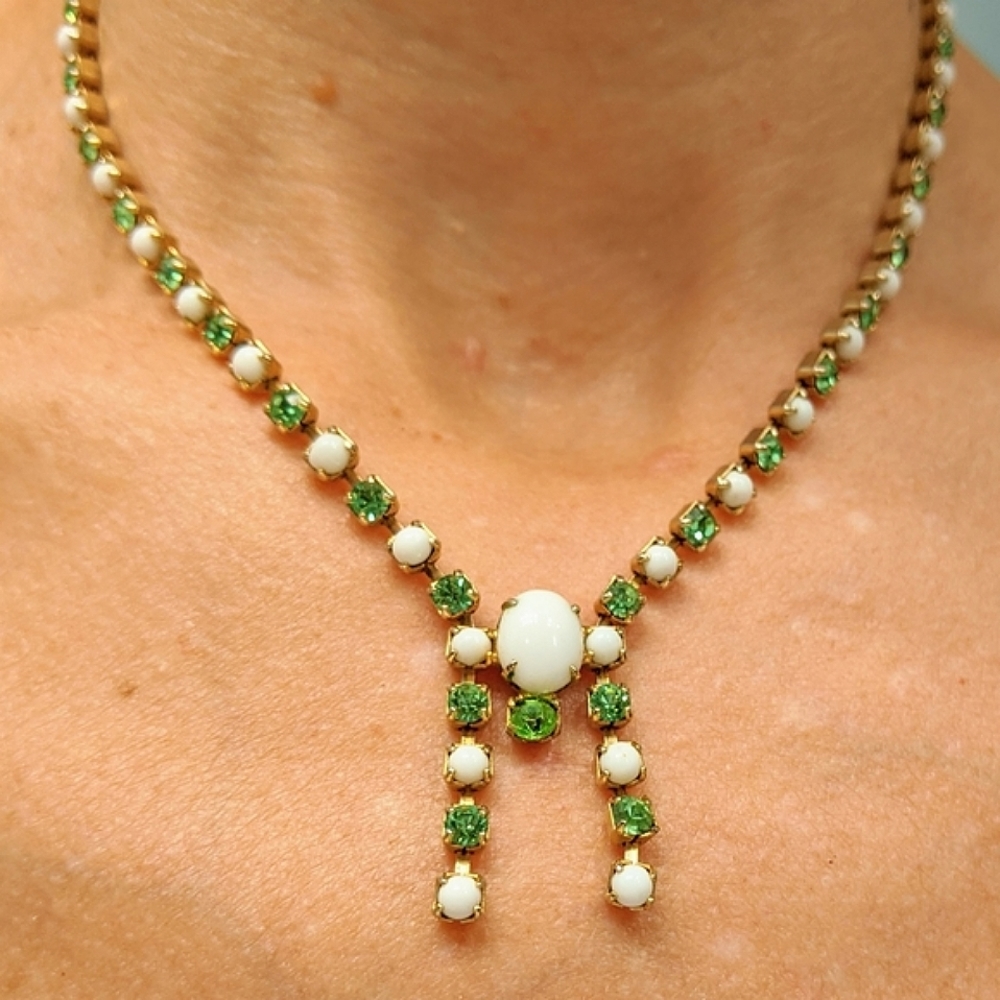 Vintage Milk Glass & Green Rhinestone Necklace